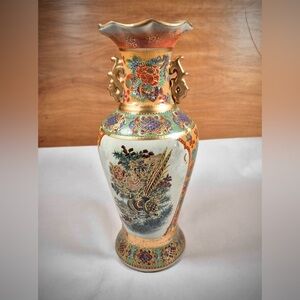 Antique Satsuma Hand-Painted Colorful Vase with Phoenix, Gold Gilt, Handles 10”